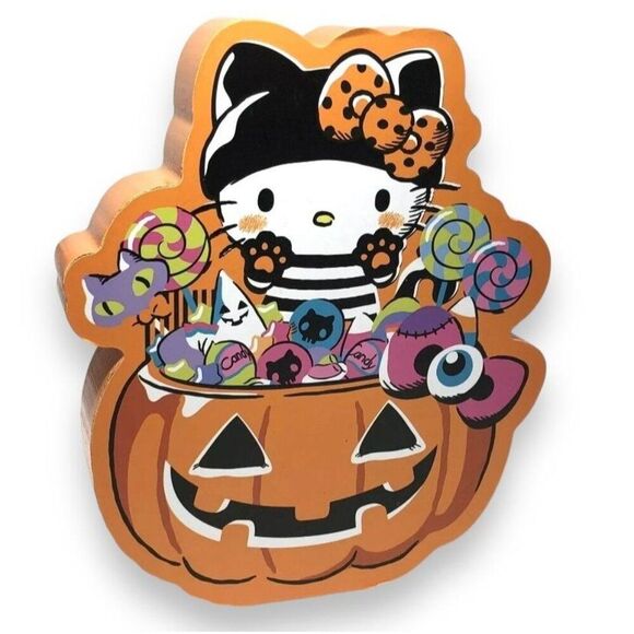 HELLO KITTY Halloween Wood Desk / Wall Sign ART Pumpkin NWT 8" - Picture 6 of 7